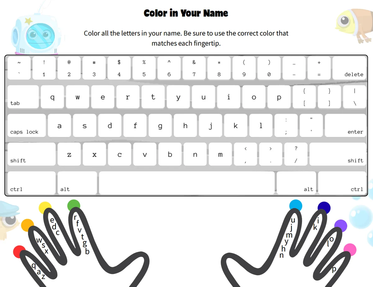Kodable Typing practice worksheet: Color in Your Name