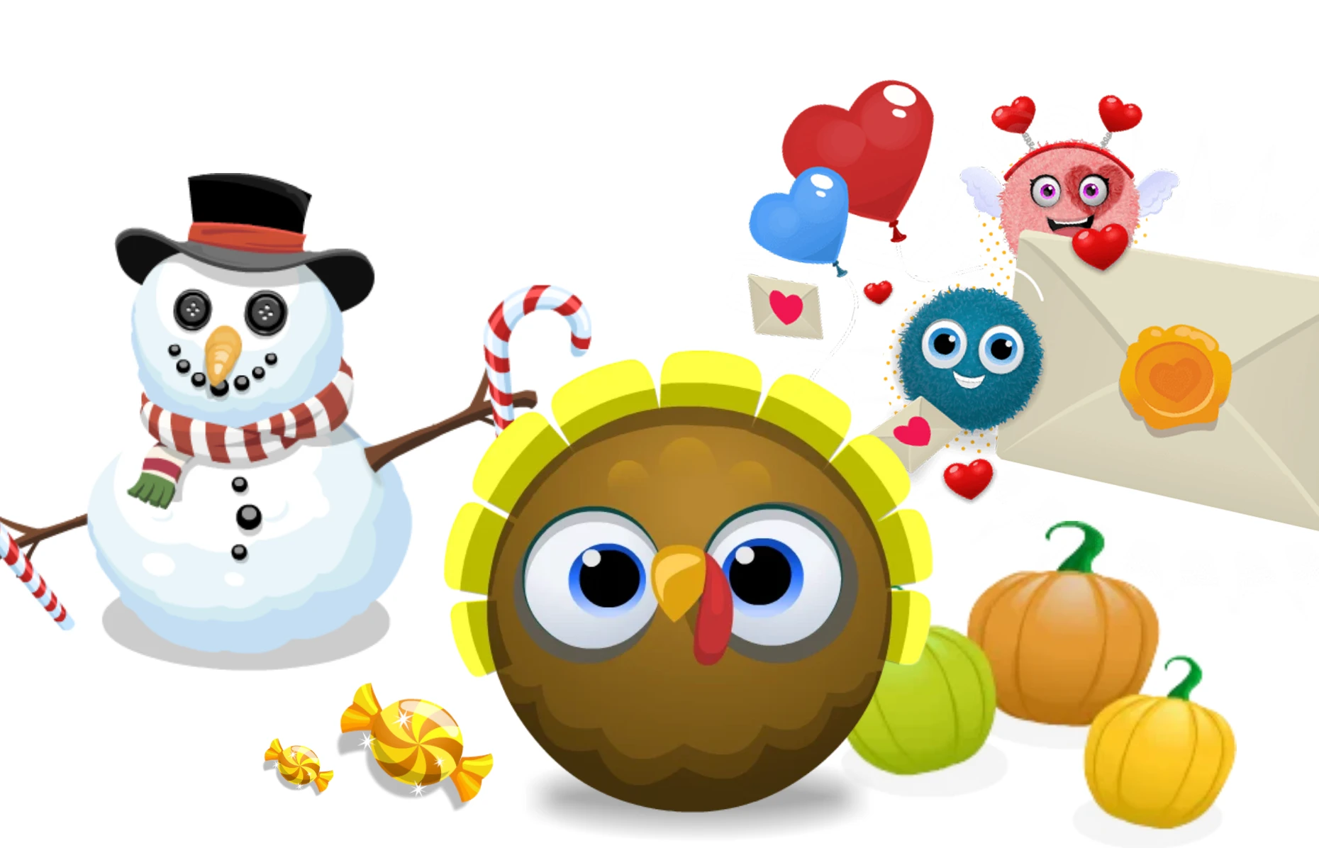 Kodable seasonal event characters: a snowman, a turkey, Valentine fuzzes, candy, and pumpkins