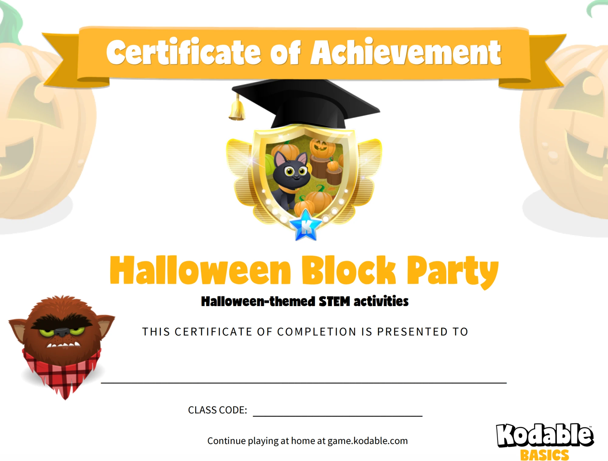 Kodable Halloween Block Party certificate of achievement