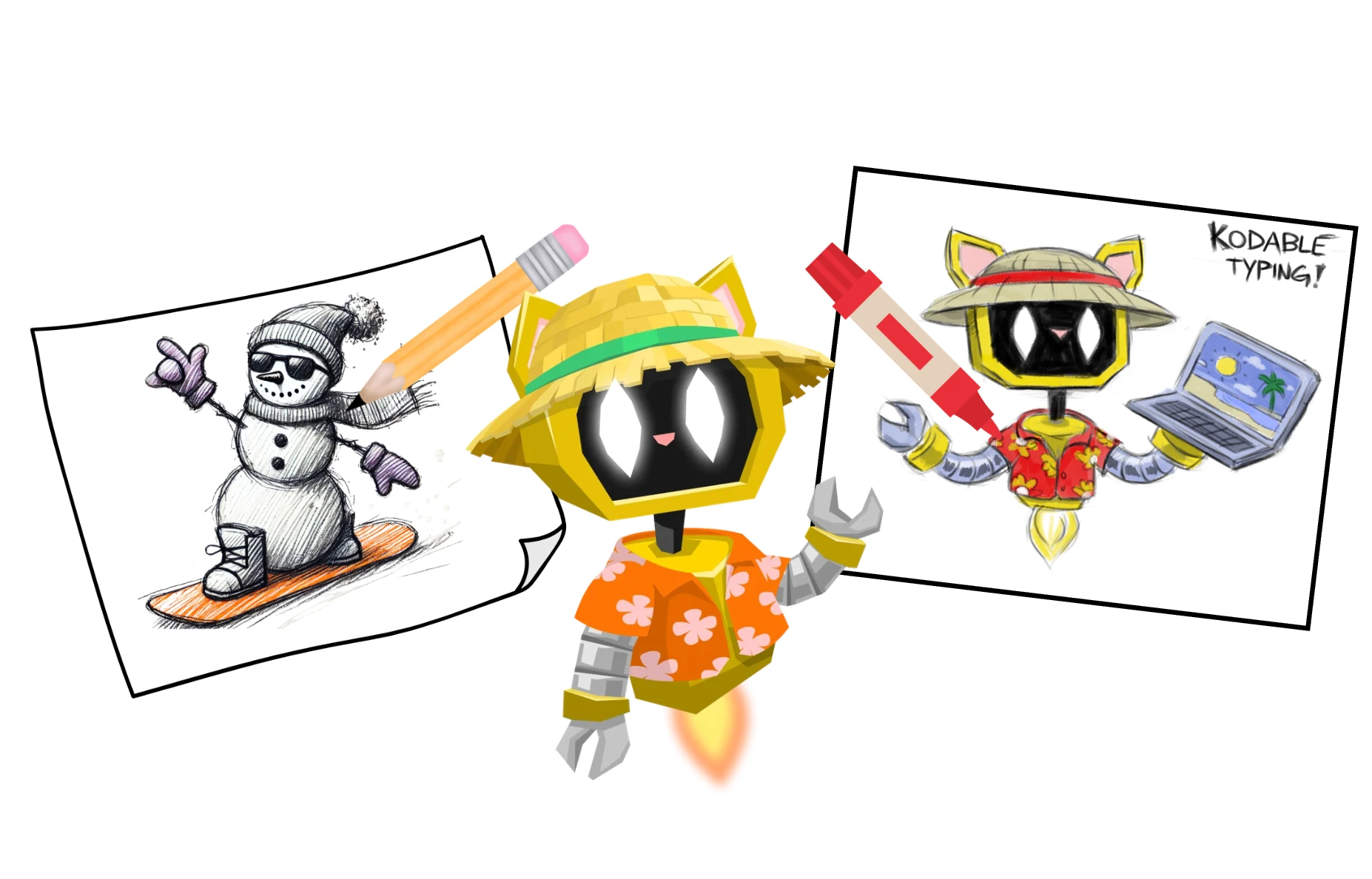 Catbot drawing a snowman and a self-portrait with a pencil and a marker