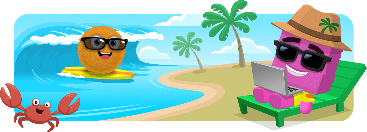 Kodable typing character practicing keyboarding skills on a beach.