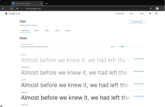 Website preview for fonts.google.com/inter