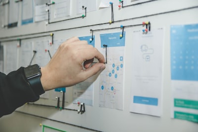 Hand moving a string on a management board.