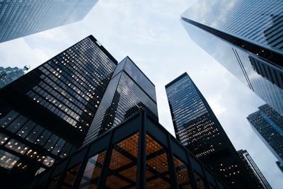 Street view of buildings jutting up.