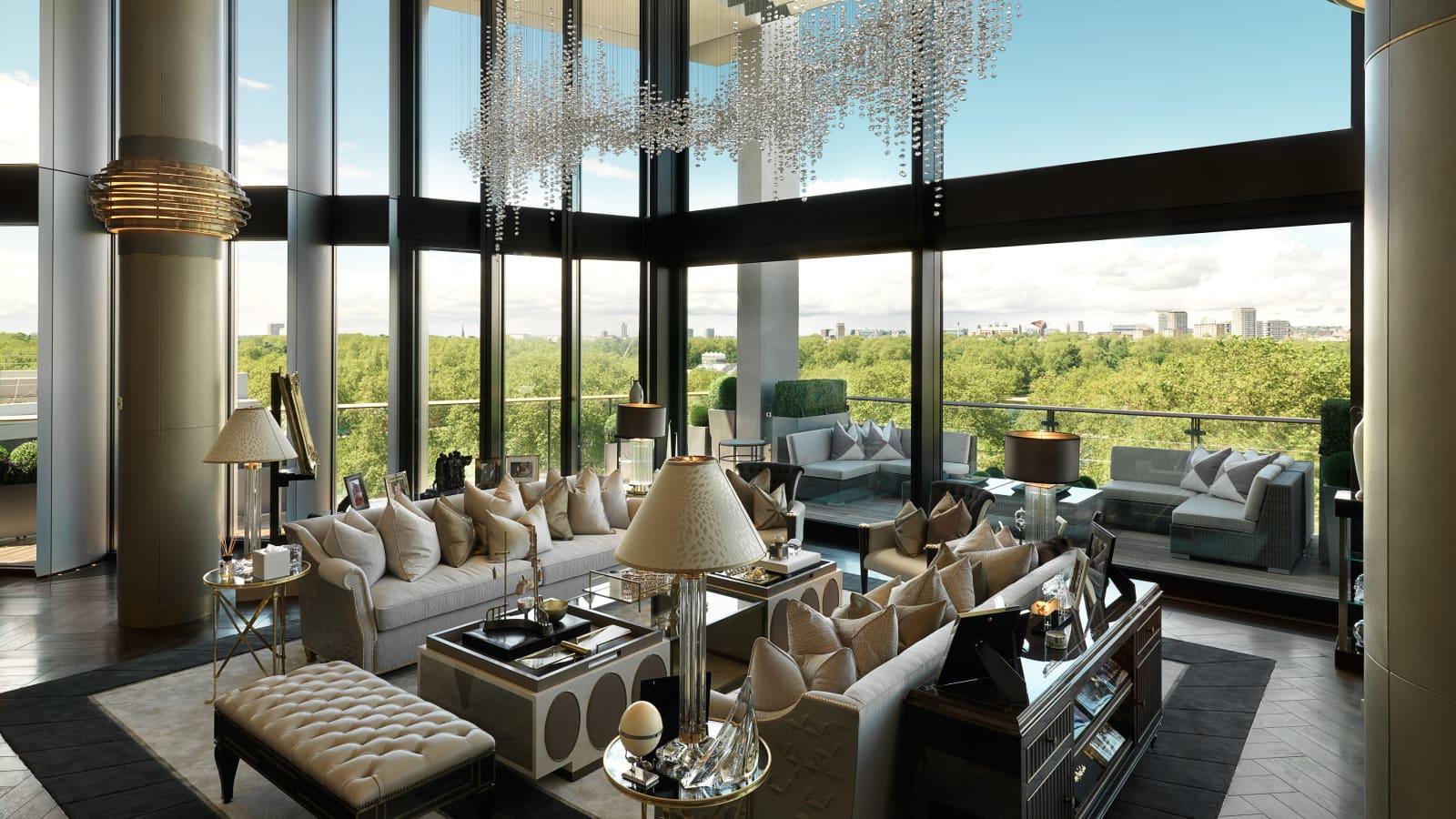 One Hyde Park, London, England interior living room view. 