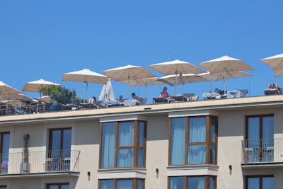 Roof deck with people eating.