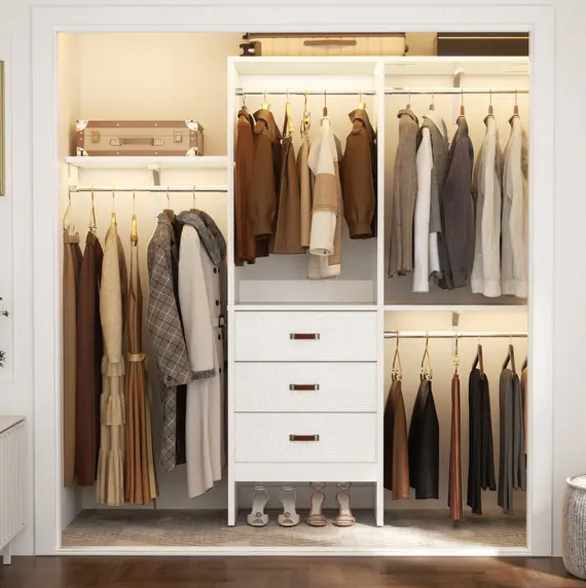 Adjustable clothing rods in closet. 
