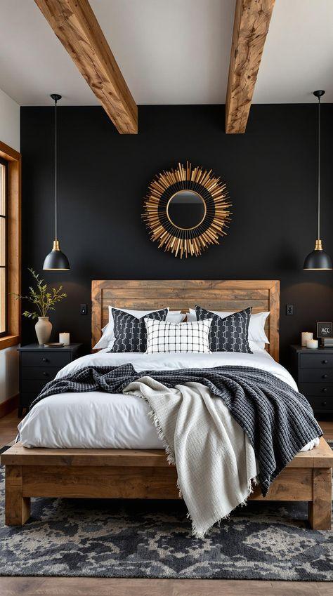 Mixed wood and metal accented bedroom.