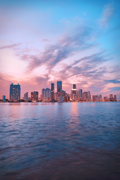 Sunset view of miami skyline. 
