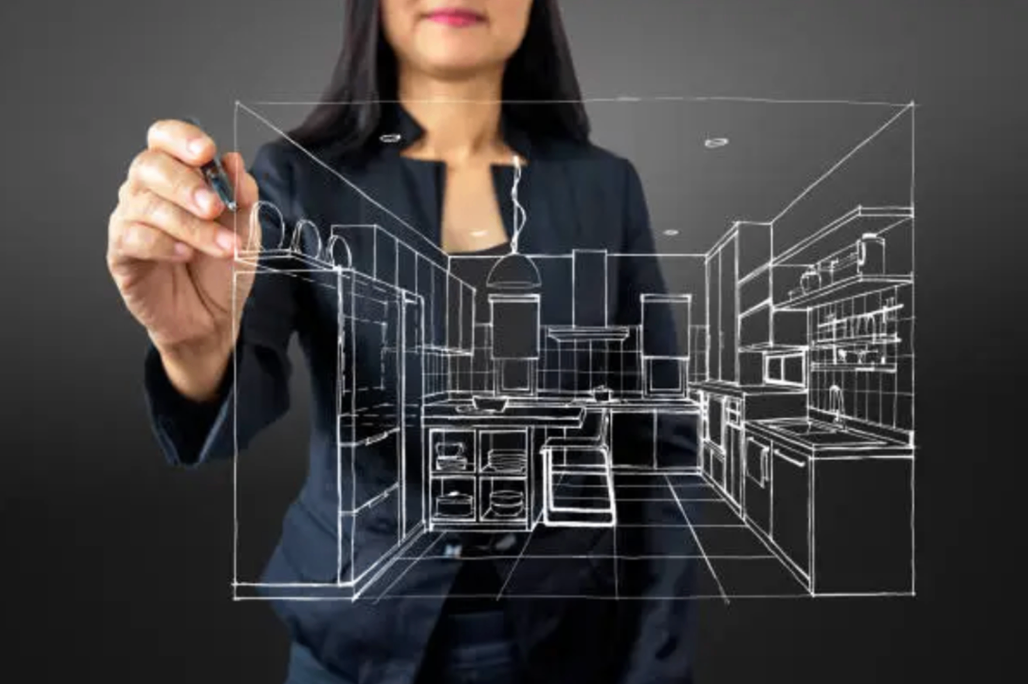 3D Drawing of someone designing a kitchen with white lines.