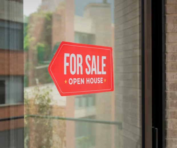 For sale sign on a glass door.