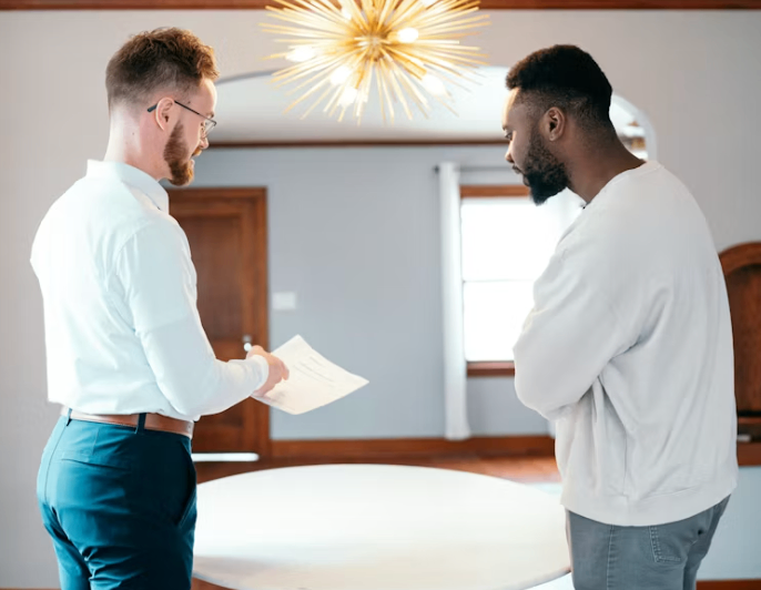 Real estate agent showing a man paperwork. 