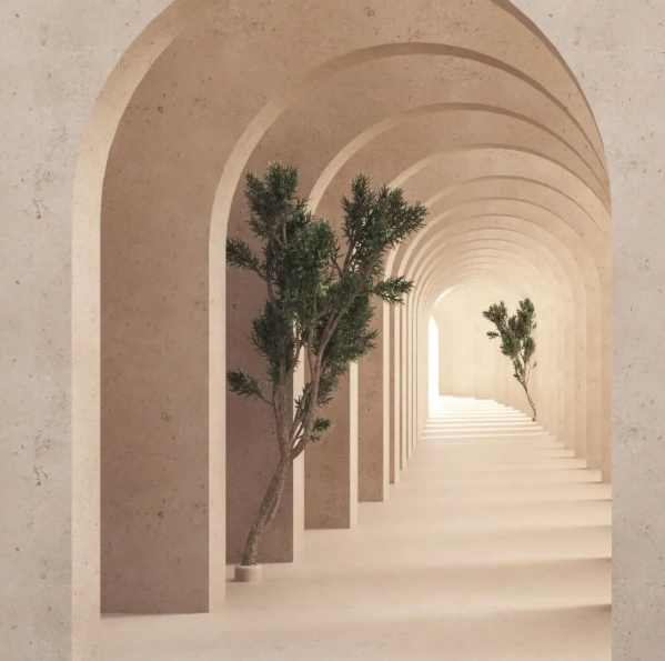 Interior curved doorways.