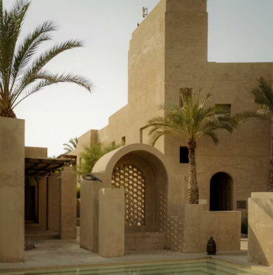 Middle eastern stone and pool courtyard. 