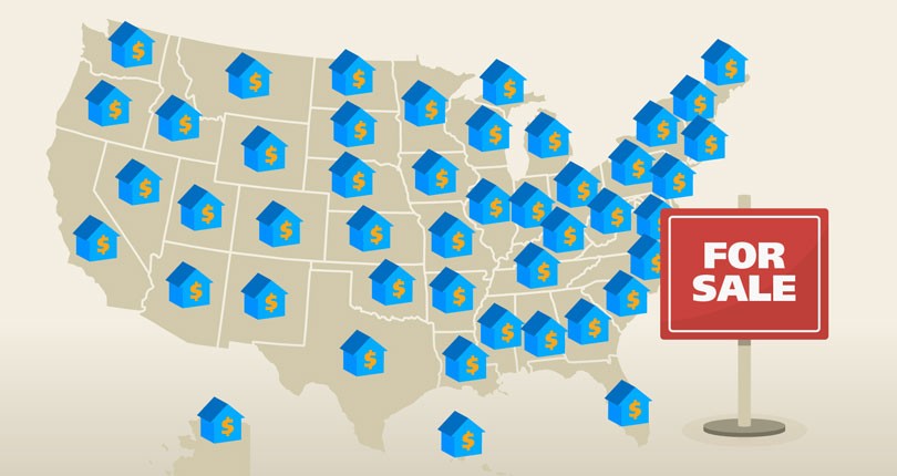 House prices throughout the country with for sale sign.