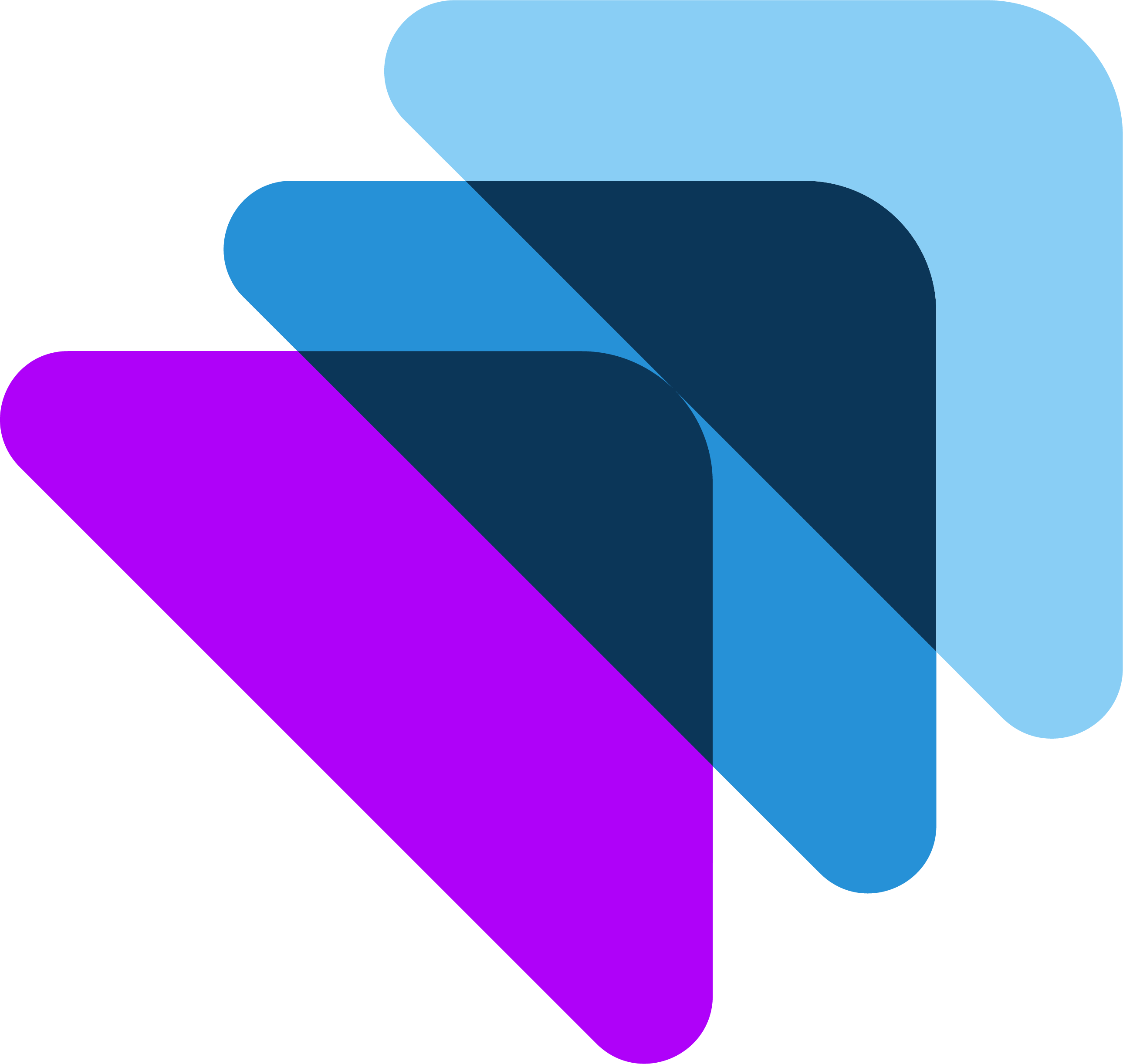 Three overlapping right-pointing arrows in purple, medium blue, and light blue with rounded edges, layered and casting shadows.