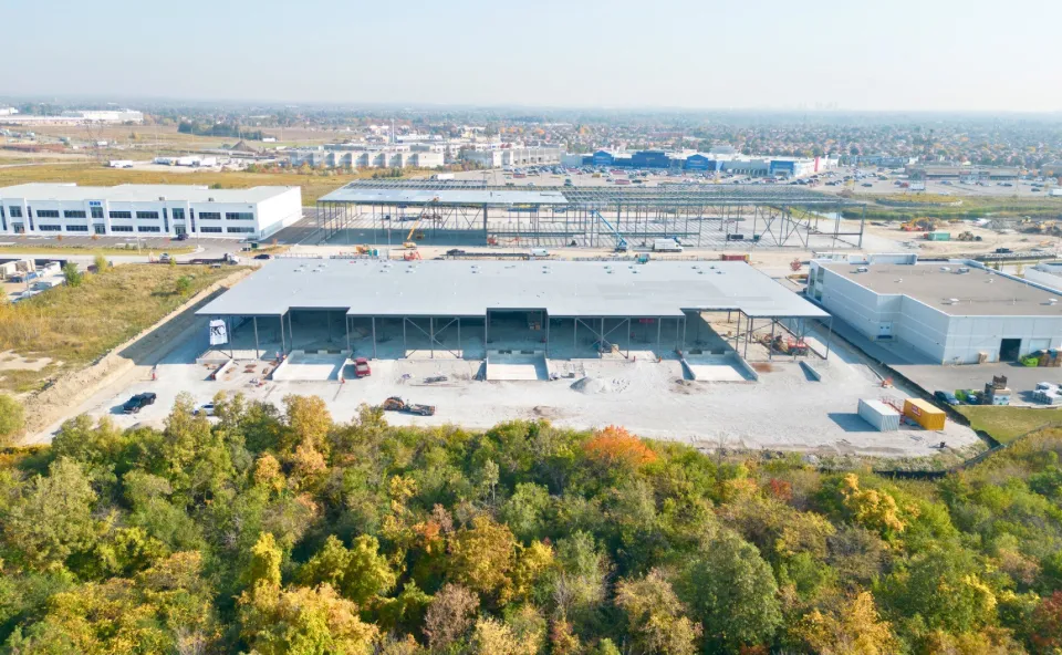 Aerial of a distribution warehouse with loading docks
