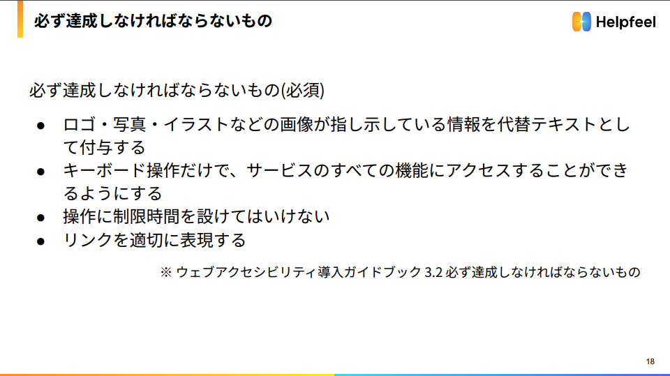 見出し：必ず達成しなければならないもの　本文：必ず達成しなければならないもの（必須）ロゴ・写真・イラストなどの画像が指し示している情報を代替テキストとして付与する、キーボード操作だけで、サービスのすべての機能にアクセスすることができるようにする、操作に制限時間を設けてはいけない、リンクを適切に表示する　※ウェブアクセシビリティ導入ガイドブック3.2必ず達成しなければならないもの