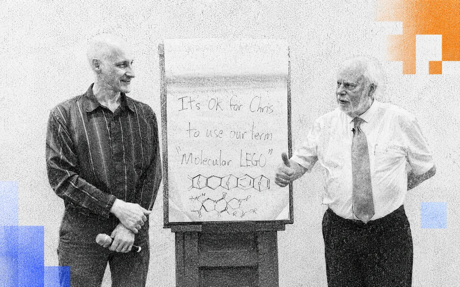 Dr. Schafmeister with 2016 Nobel Laureate, Sir Fraser Stoddart, who popularized the term 'molecular LEGO' and endorsed its use to describe programmable, shape-defined Spiroligomers.