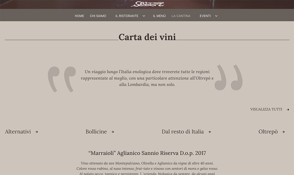 Posteria website screenshot: wine list organised by category