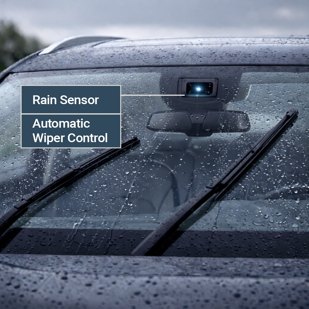 Windscreen on a rainy day with automatic wiper control by rain sensor