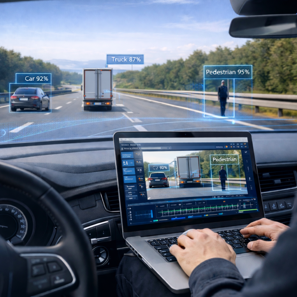 Person in the front of a car, logging the driving data in a laptop