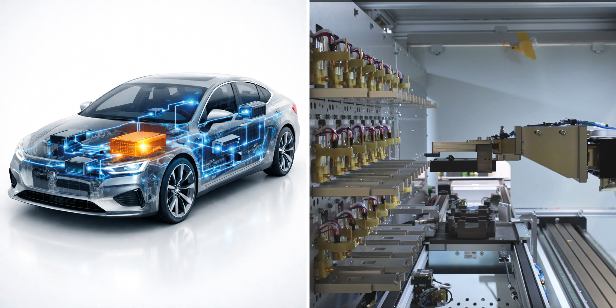 Modern semi-transparent electric vehicle with illustration of architecture and network technology and close-up of an automated ECU assembly Line