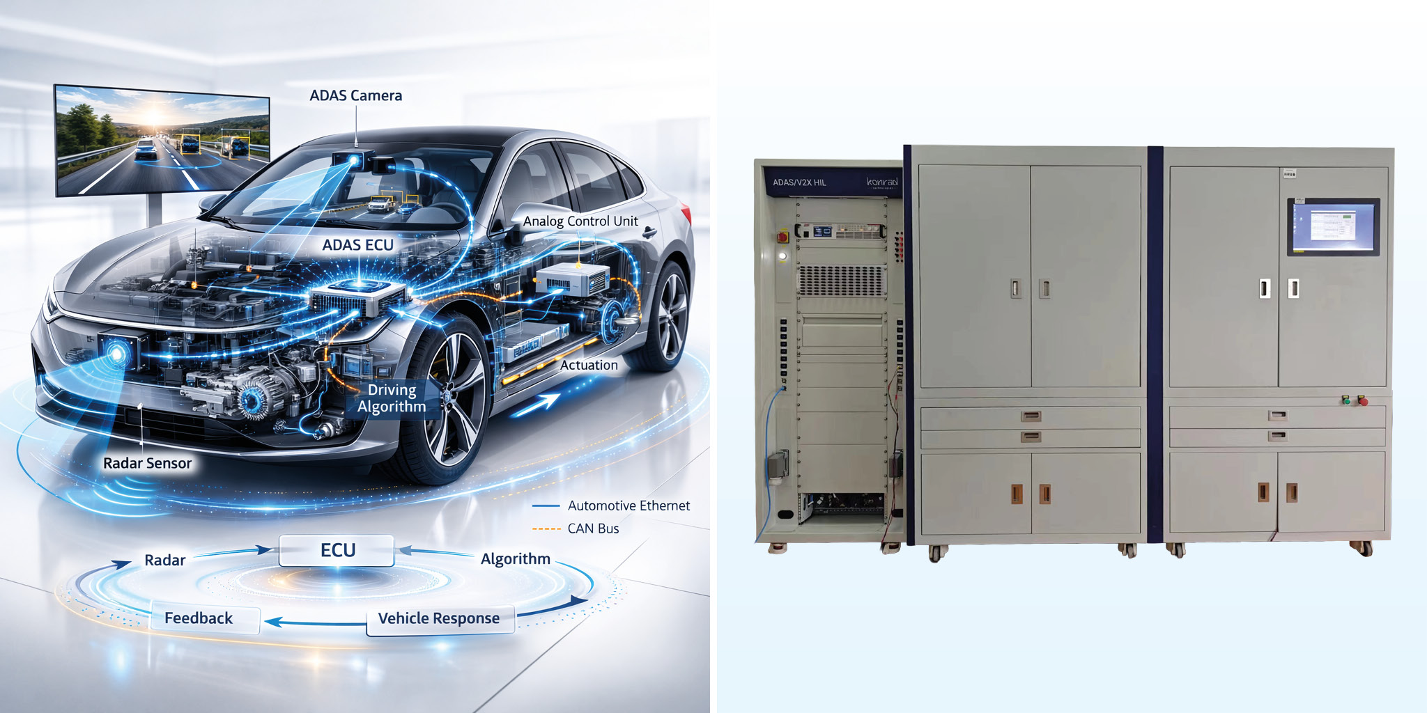 Car showing sensor fusion and driver assistance system controller over the air and image of the Konrad Sensor Fusion Test System