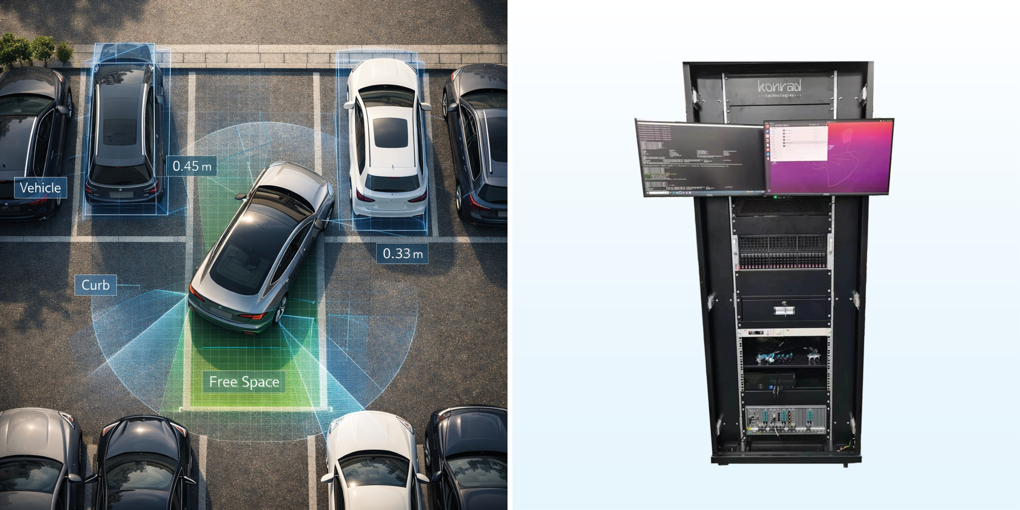 A car parks in a parking space with the help of a parking assistant and image of the Konrad camera injection system