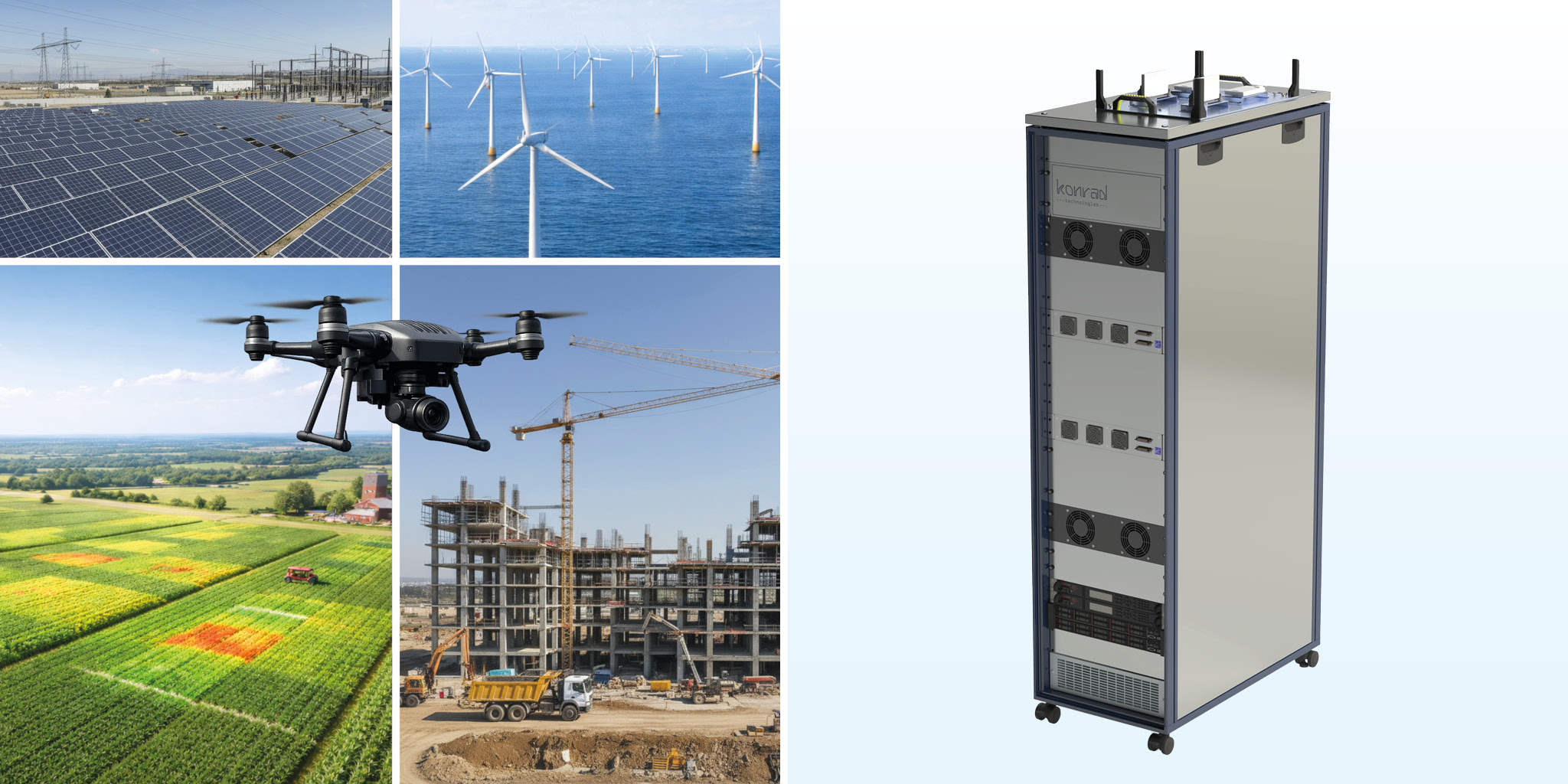 Drone used in agricultural field analysis, in the construction industry, and for inspecting wind farms and solar parks and image of the Konrad test system