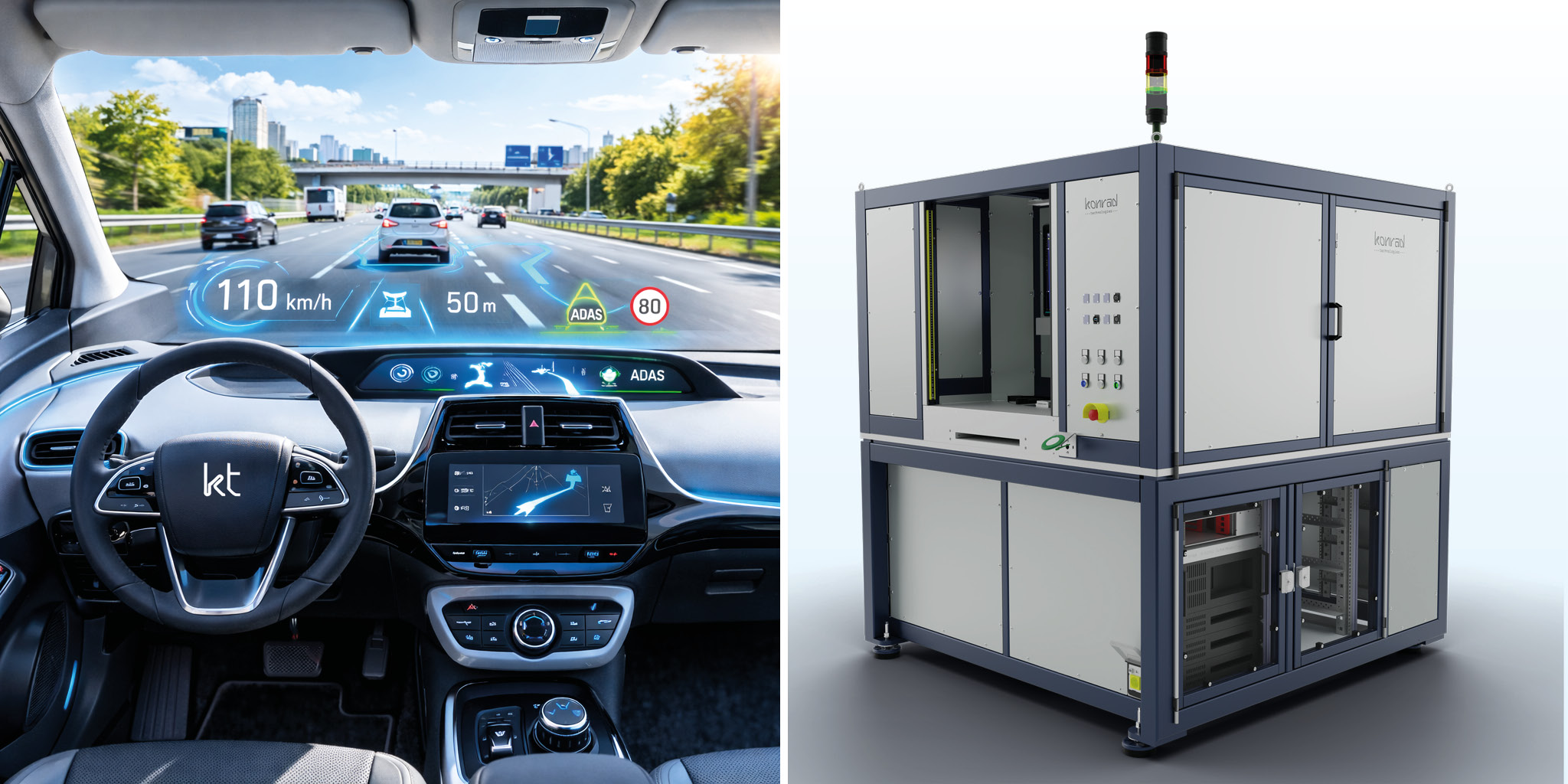 windscreen with head-up display of a car and image of the Konrad Test System