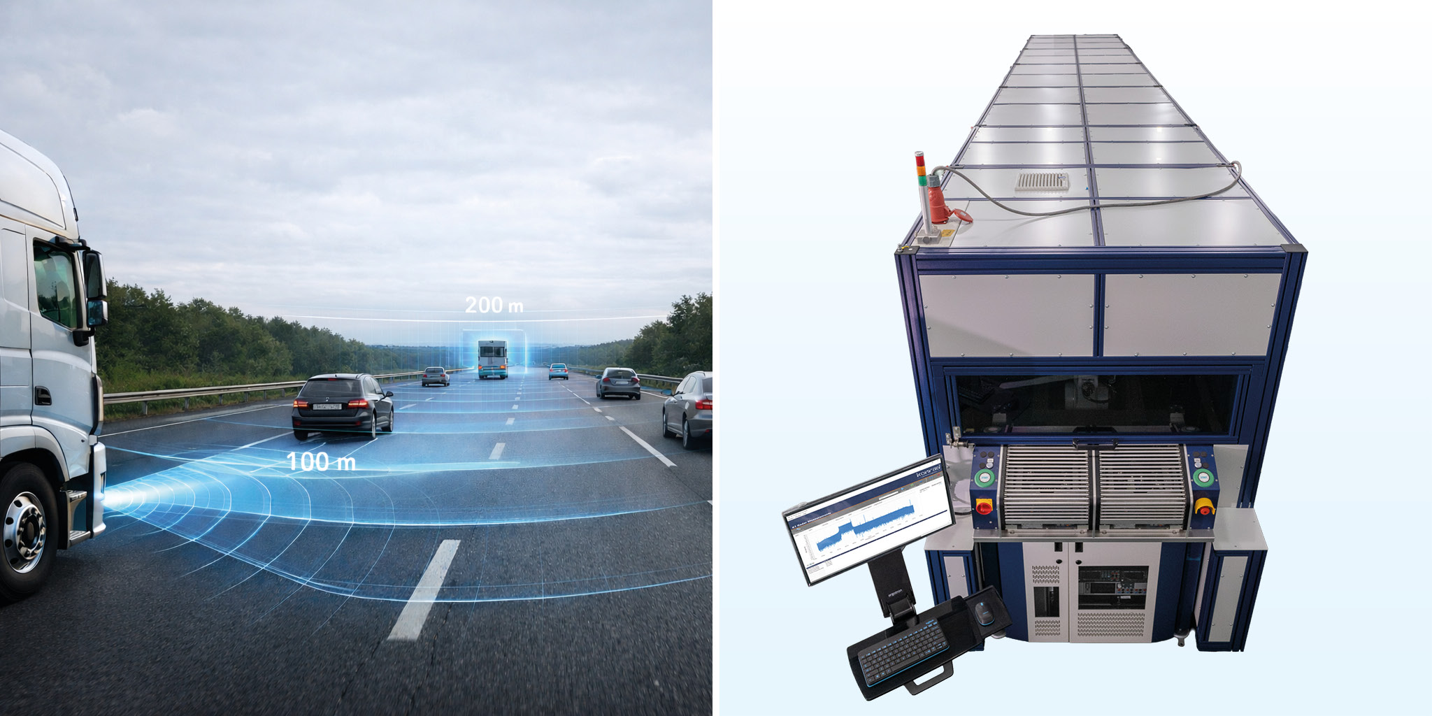 Far Range Radar on the highway and image of the Konrad FRR Radar Tester