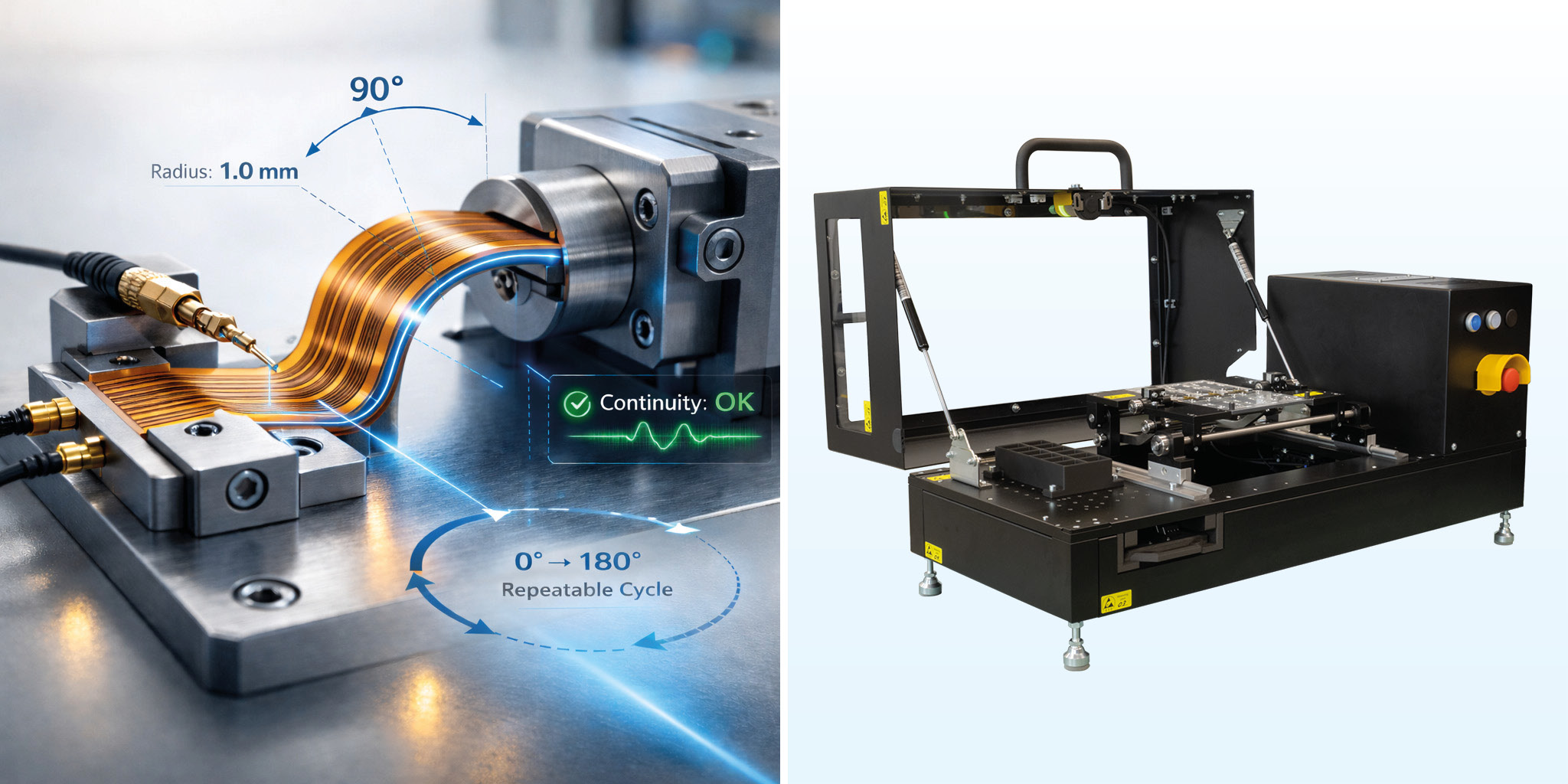Bending of flexible electronic parts and image of the Konrad Bending Tester