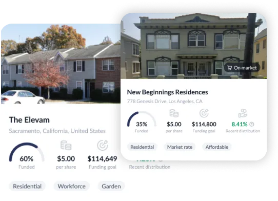 Side-by-side images of two residential buildings: left shows The Elevam townhouses in Sacramento, California, right shows New Beginnings Residences at 778 Genesis Drive, Los Angeles, with funding details including 35% funded, $5.00 per share, $114,800 funding goal, and 8.41% recent distribution.