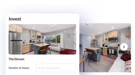User interface showing an investment section with a photo of a modern kitchen labeled The Elevam and a field to enter the number of shares.