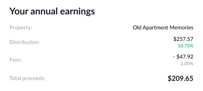 Summary of annual earnings for property 'Old Apartment Memories' showing distribution $257.57 with 10.75% growth, fees of $47.92 at 2%, and total proceeds $209.65.