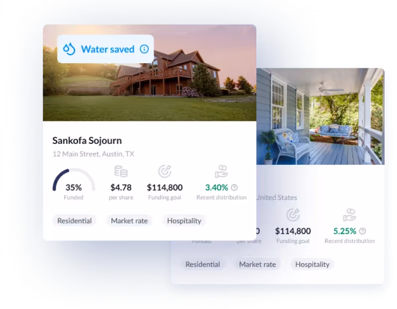 Real estate listing for Sankofa Sojourn in Austin, TX, showing 35% funded, $4.78 per share, $114,800 funding goal, and 3.40% recent distribution with an image of a large house and a porch with chairs.