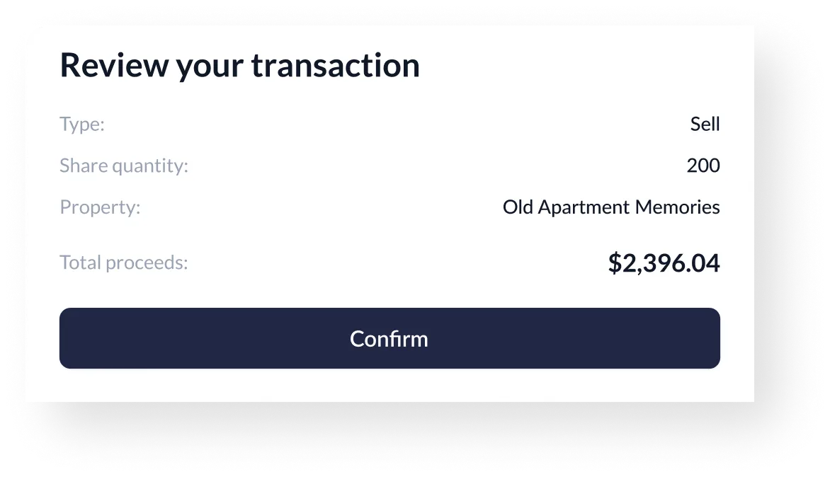 Transaction review showing sale of 200 shares of Old Apartment Memories property for total proceeds of $2,396.04 with confirm button.