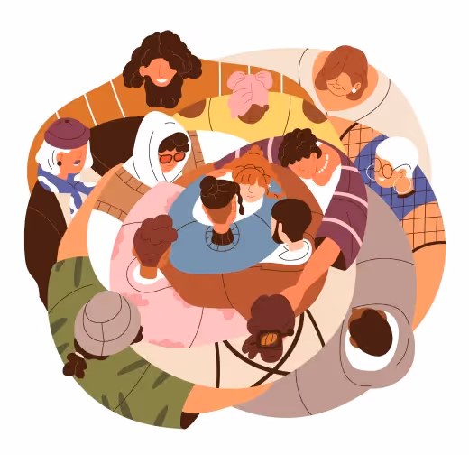 Illustration of a diverse group of people standing in a circle, holding hands and showing unity from a top-down view.