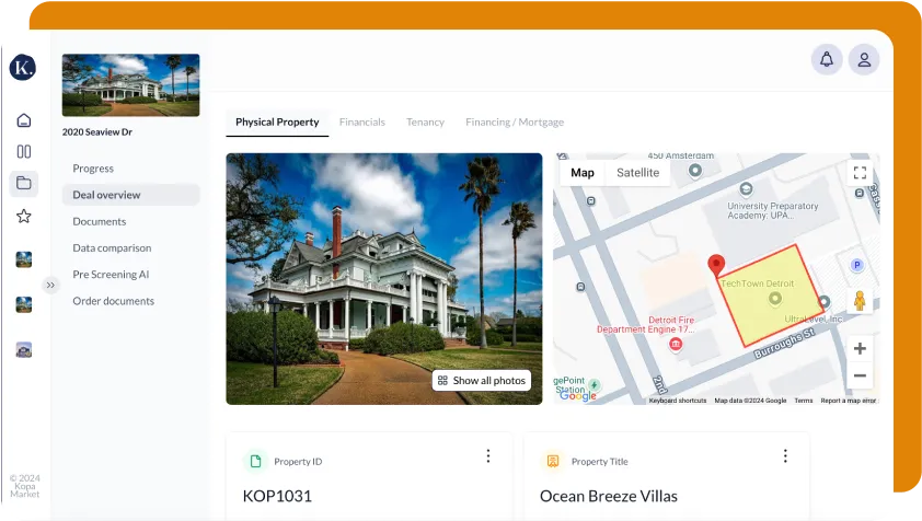 User interface showing property details for Ocean Breeze Villas, including a photo of a large house, a map pinpointing TechTown Detroit, and property ID KOP1031.