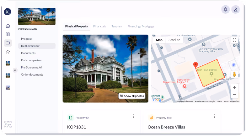 Real estate property dashboard displaying a large white house with a wraparound porch, a map highlighting Tech Town Detroit area, and property details labeled Ocean Breeze Villas with ID KOP1031.