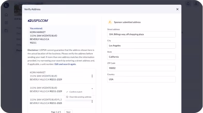 USPS Verify Address screen showing entered address Kopa Market in Beverly Hills with multiple address match options and an editable sponsor submitted address for 104 Billings Way, Los Angeles, California, 90002, USA.