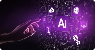Hand reaching towards glowing purple icons representing AI and technology concepts on a digital interface.