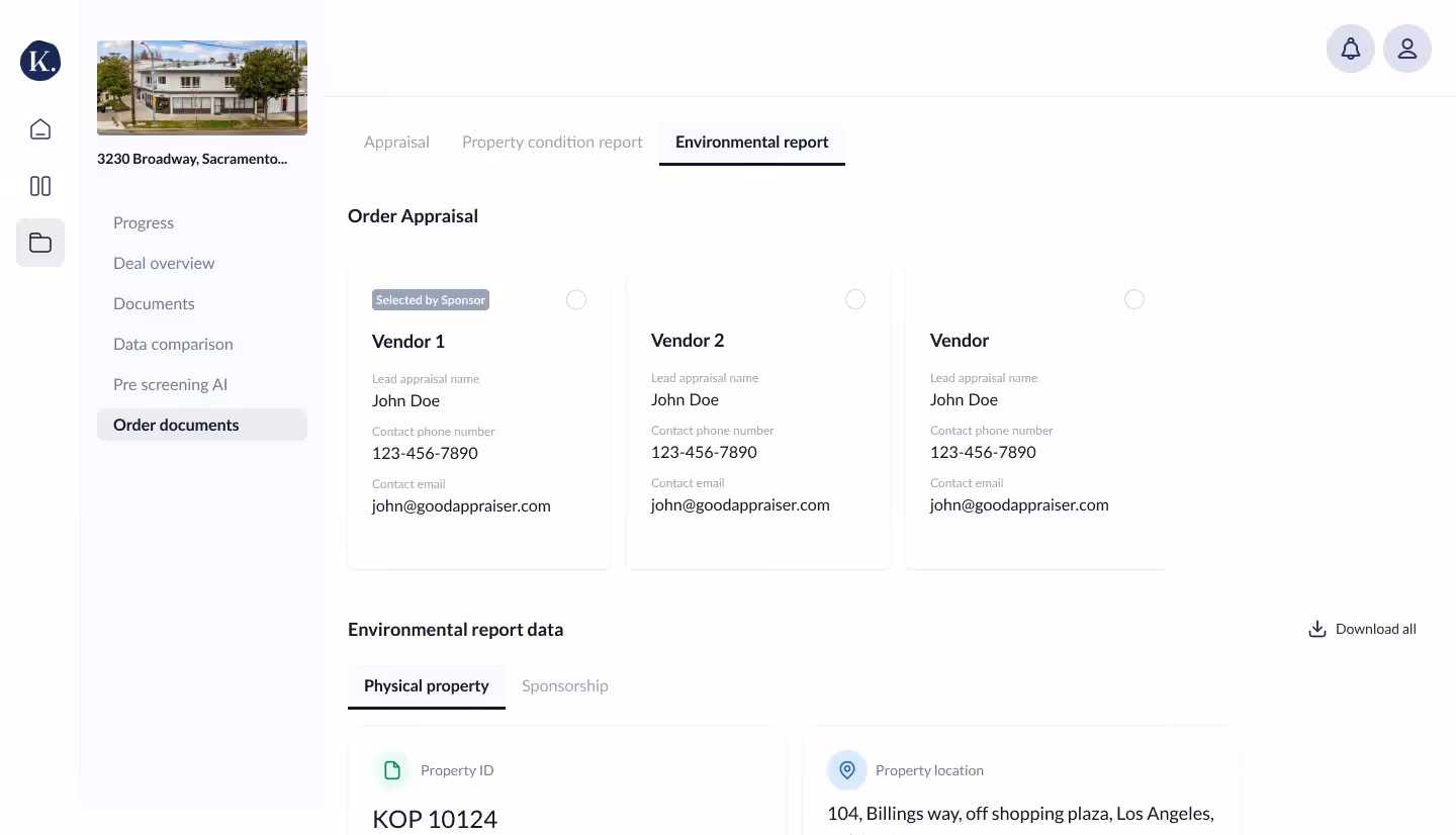 User interface showing an environmental report tab with appraisal order options for three vendors named John Doe, contact 123-456-7890, email john@goodappraiser.com, and property details including Property ID KOP 10124 and location at 104 Billings Way, Los Angeles.