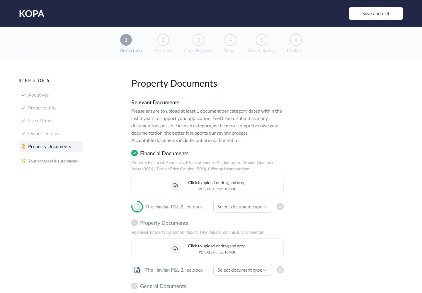 KOPA platform screen showing step 5 of 5 titled Property Documents, with instructions and upload sections for Financial Documents and Property Documents, displaying uploaded file named The Havilian P&L 2...ed.docx and options to select document type or remove.