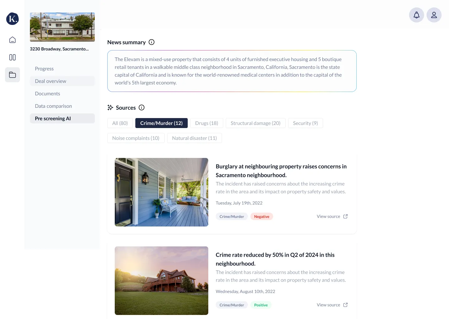 Dashboard interface showing crime/murder news summaries for a Sacramento property, including burglary concerns and a 50% crime rate reduction report with related images of residential homes.