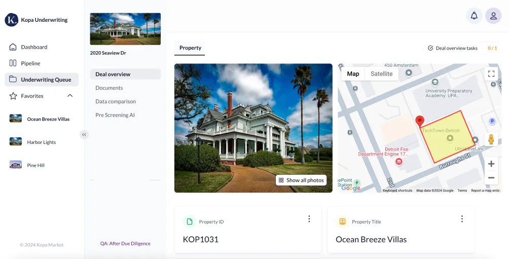 Kopa Underwriting dashboard showing property details for 2020 Seaview Dr including a photo of a large white house, a map with TechTown Detroit location, Property ID KOP1031, and Property Title Ocean Breeze Villas.