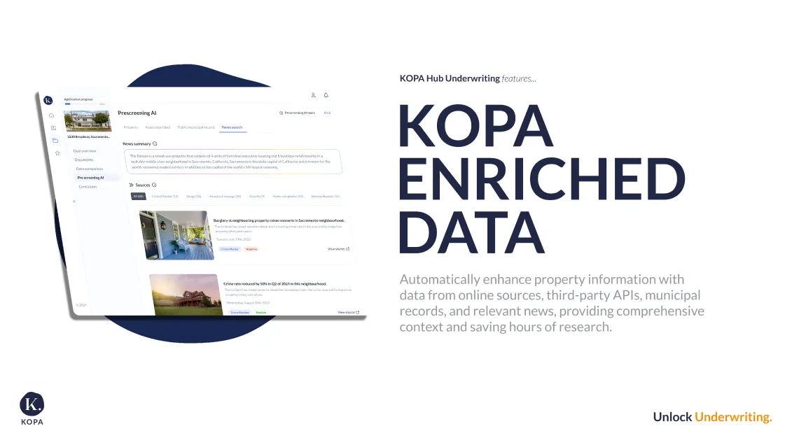 KOPA Enriched Data interface showing property prescreening AI with news summary and sources, highlighting enhanced data for underwriting.