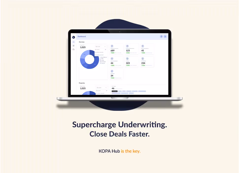Laptop displaying a dashboard with charts and data summaries, with text below reading 'Supercharge Underwriting. Close Deals Faster. KOPA Hub is the key.'
