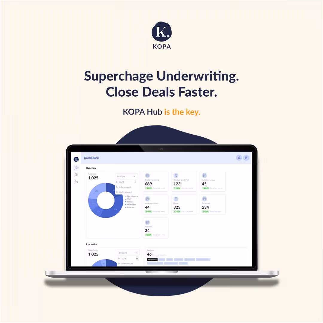 KOPA branding with text 'Supercharge Underwriting. Close Deals Faster.' above a laptop showing the KOPA Hub dashboard with data charts and metrics.